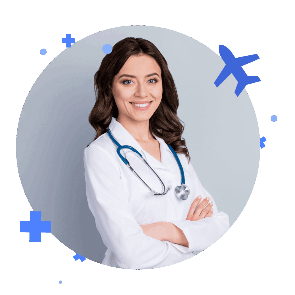 Smiling healthcare professional in a white coat with a stethoscope, set against a light background with travel-themed icons. Ideal for healthcare travel content.