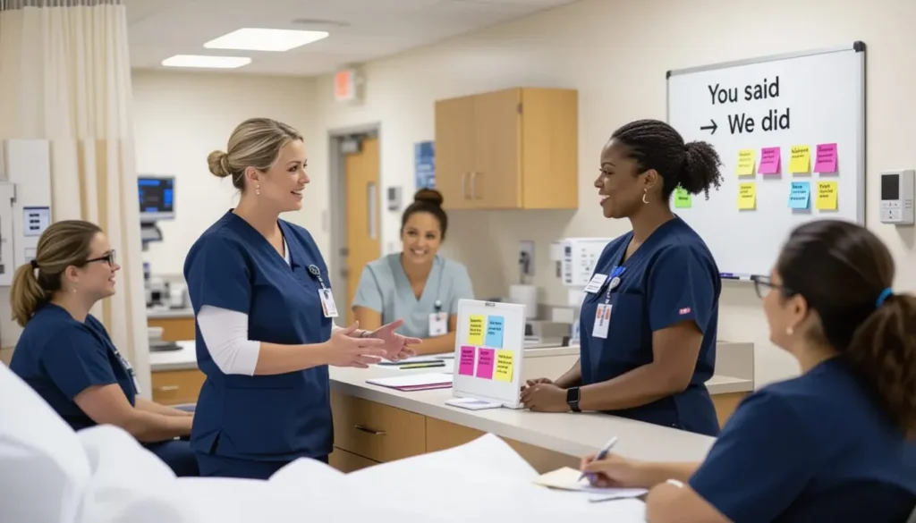 "Nurse leadership huddle reviewing a ‘You said We did’ board at the nurses’ station"