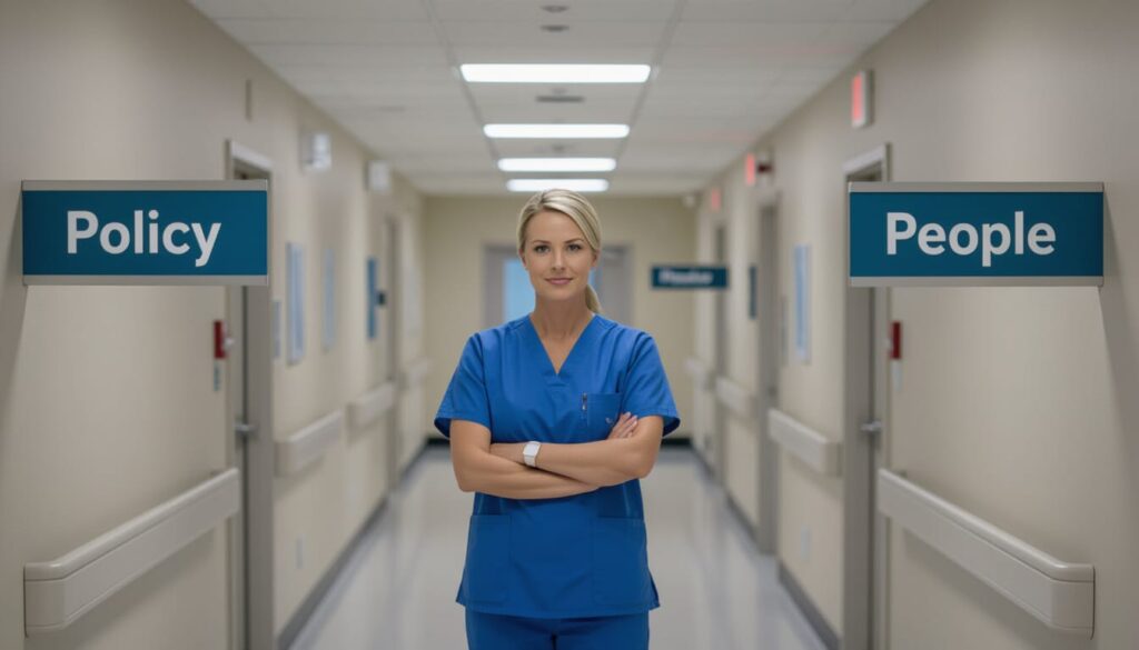 Nurse leader standing between two hospital hallway signs labeled “Policy” and “People,” gazing forward with calm focus in a softly lit clinical setting