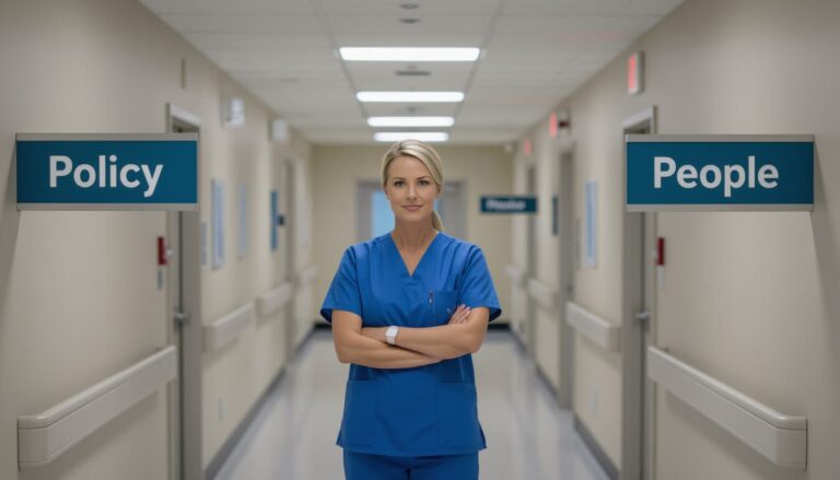 Nurse leader standing between two hospital hallway signs labeled “Policy” and “People,” gazing forward with calm focus in a softly lit clinical setting