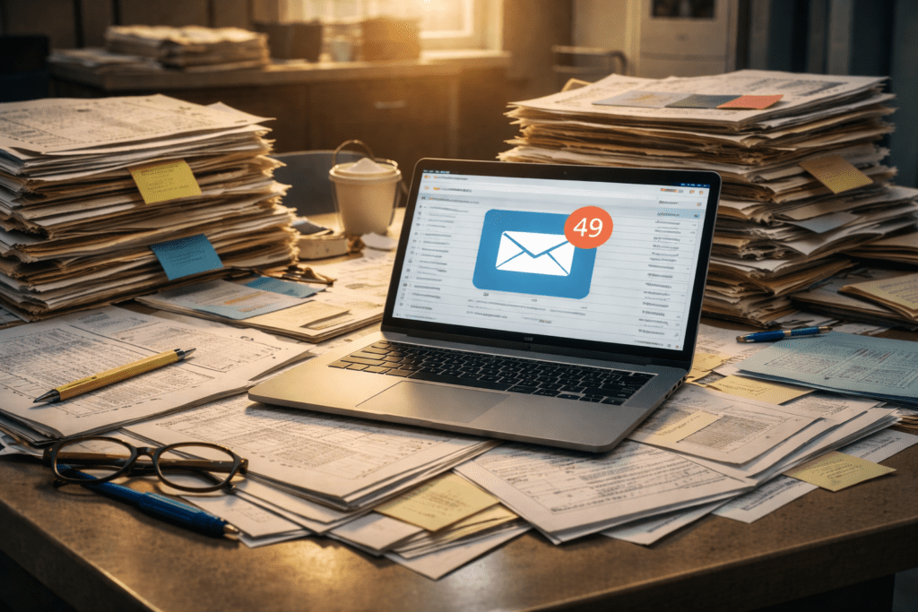 Desk overflowing with patient charts and unread messages from before the holidays